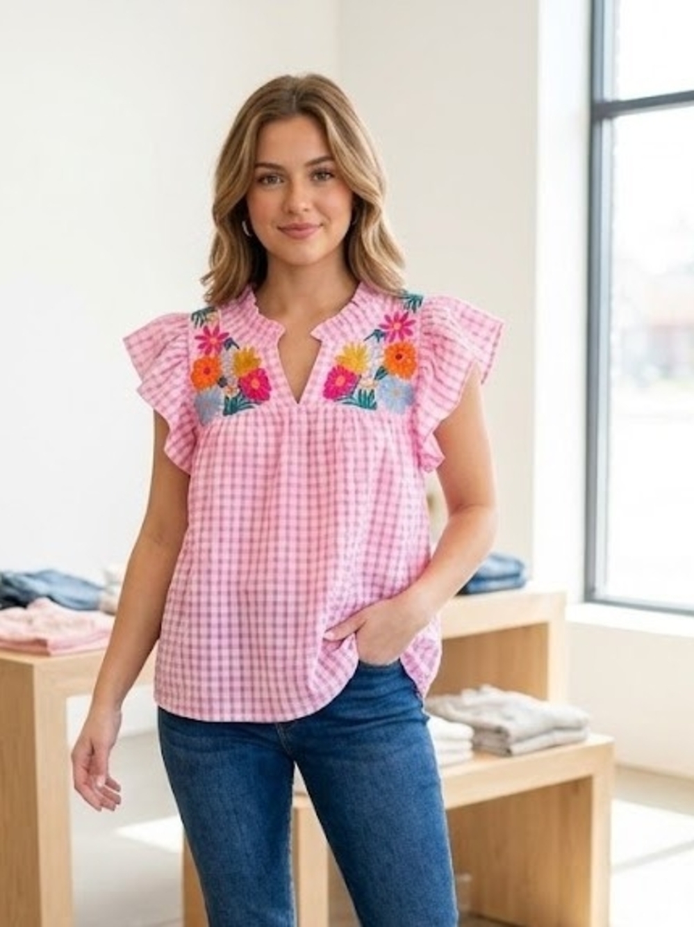 THML Pink Gingham Embroidered Flutter Sleeve Blouse